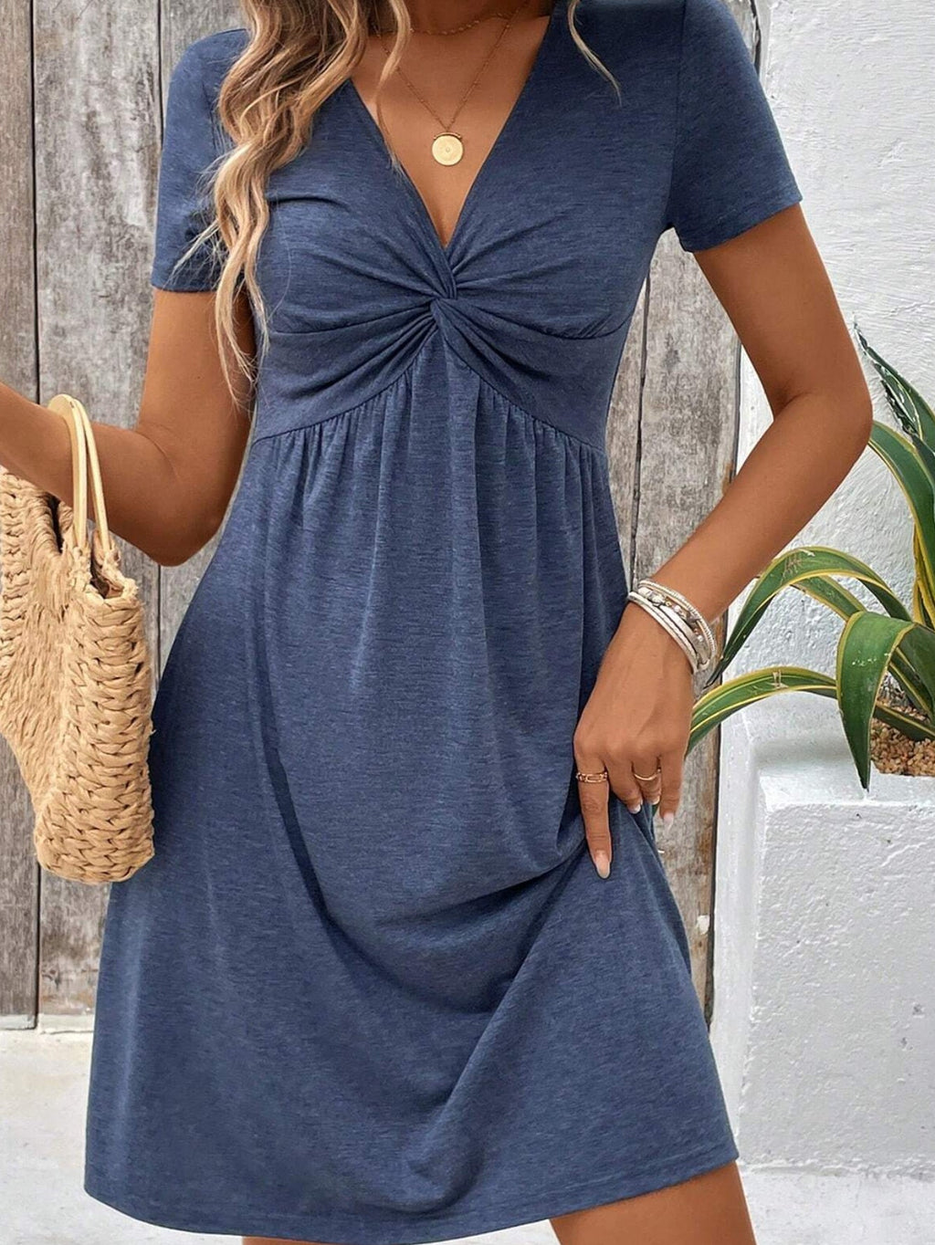 Short Sleeve V-Neck Twisted Dress
